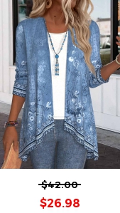 ROTITA Patchwork Floral Print Denim Blue 3/4 Sleeve Light Coat