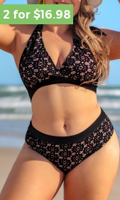 ROTITA Plus Size Lace Black Mid Waist Bikini Set