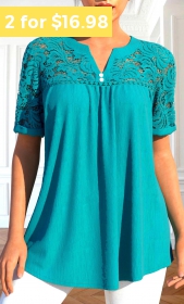 ROTITA Patchwork Turquoise Split Neck Short Sleeve Blouse