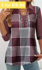 ROTITA Plus Size Eyelet Deep Red Plaid Blouse