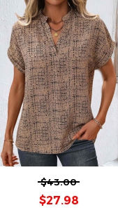 ROTITA Split Geometric Print Light Coffee Short Sleeve Blouse