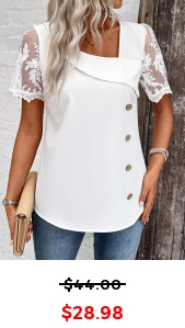 ROTITA Patchwork White Asymmetrical Neck Short Sleeve Blouse