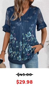 ROTITA Layered Floral Print Navy V Neck Half Sleeve Blouse