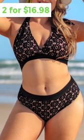 ROTITA Plus Size Lace Black Mid Waist Bikini Set