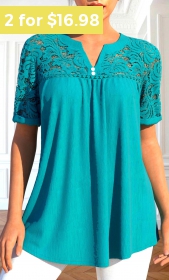 ROTITA Patchwork Turquoise Split Neck Short Sleeve Blouse