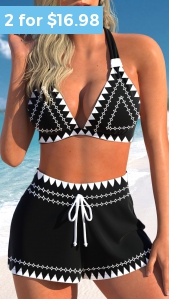 ROTITA Drawstring Black African Tribal Print Bikini Set
