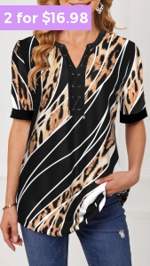ROTITA Leopard Black Striped Lace Up Blouse