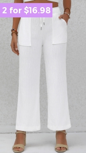 Double Side Pockets White Elastic Waist High Waisted Pants