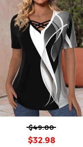 ROTITA Plus Size Criss Cross Black Geometric Print T Shirt
