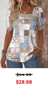 ROTITA Patchwork Geometric Print Light Coffee Asymmetrical Neck T Shirt