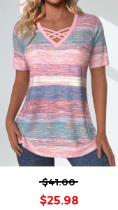 ROTITA Criss Cross Striped Pink V Neck T Shirt