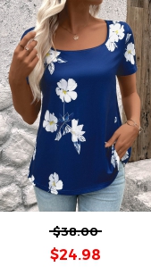 ROTITA Floral Print Dark Blue Square Neck T Shirt