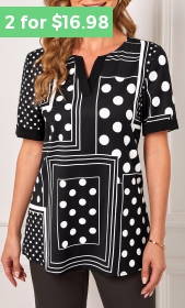 ROTITA Black Polka Dot Geometric Print Split Neck T Shirt