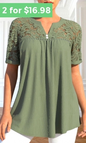 ROTITA Patchwork Sage Green Split Neck Short Sleeve Blouse