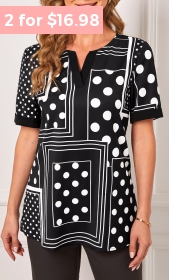 ROTITA Black Polka Dot Geometric Print Split Neck T Shirt
