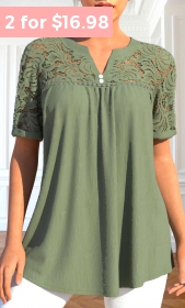 ROTITA Patchwork Sage Green Split Neck Short Sleeve Blouse