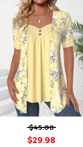 ROTITA Fake 2in1 Floral Print Light Yellow T Shirt