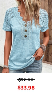 ROTITA Lace Light Blue V Neck Short Sleeve T Shirt