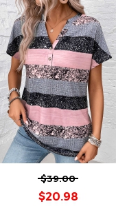 ROTITA Button Striped Grey Split Neck Short Sleeve Blouse