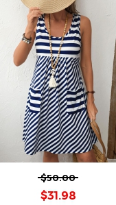 Pocket Striped Navy A Line Scoop Neck Sleeveless Dress