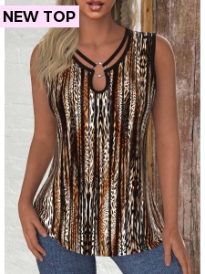 ROTITA Circular Ring Leopard Dark Coffee Round Neck Tank Top