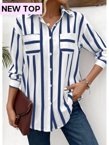 Pocket Striped Blue Shirt Collar Long Sleeve Blouse