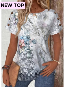ROTITA Button Random Floral Print Grey Round Neck T Shirt