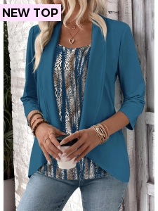 ROTITA Leopard Peacock Blue Square Neck Fake Two Piece Twinset