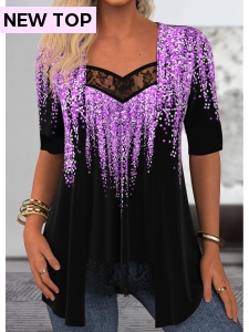 ROTITA Geometric Print Purple V Neck Fake Two Piece Twinset