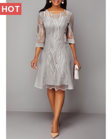 ROTITA Lace Panel Light Grey 3/4 Sleeve Dress