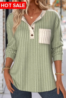 ROTITA Patchwork Sage Green Split Neck Long Sleeve Sweatshirt
