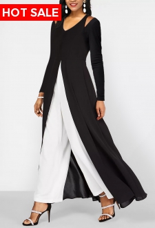 ROTITA Black Long Sleeve Contrast V Neck Jumpsuit