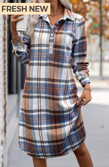 ROTITA Button Plaid Multi Color A Line Shirt Collar Dress