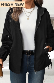 Zipper Black Hooded Long Sleeve Coat