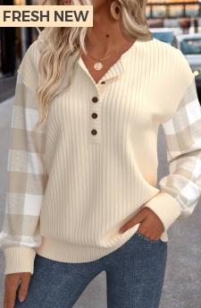 ROTITA Patchwork Plaid Beige Turn Down Collar Long Sleeve Sweatshirt