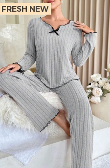 Long Sleeve Grey Split Neck Lounge Top and Pants