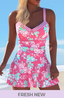 ROTITA Pink Floral Print One Piece Swimdress