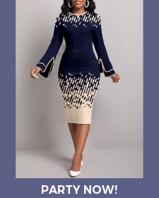 ROTITA Contrast Binding Geometric Print Navy Round Neck Dress