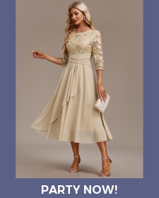ROTITA Embroidery Champagne Round Neck 3/4 Sleeve Dress