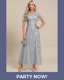 ROTITA Embroidery Light Grey Maxi V Neck Short Sleeve Dress
