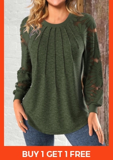 ROTITA Patchwork Olive Green Round Neck Long Sleeve Sweatshirt