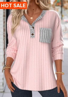 ROTITA Button Light Pink Split Neck Long Sleeve Sweatshirt