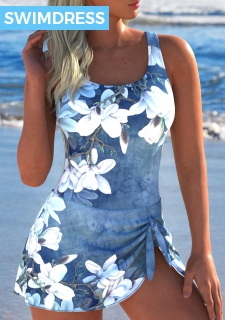 ROTITA Tie Denim Blue Floral Print One Piece Swimdress