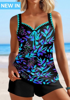 ROTITA Contrast Binding Cyan Floral Print Tankini Top