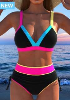 ROTITA Contrast Binding Black High Waisted Bikini Set