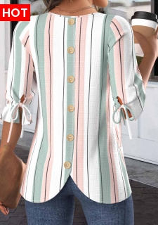 ROTITA Drawstring Striped White Round Neck Half Sleeve Blouse