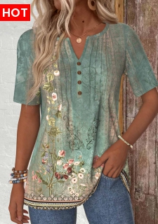 ROTITA Tuck Stitch Random Floral Print Sage Green T Shirt