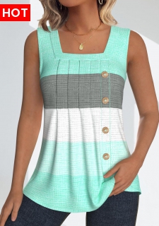ROTITA Button Striped Mint Green Square Neck Sleeveless Tank Top