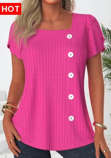 ROTITA Button Hot Pink Square Neck Short Sleeve T Shirt