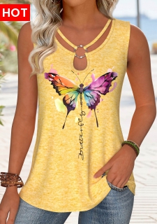 ROTITA Circular Ring Butterfly Print Yellow Round Neck Tank Top